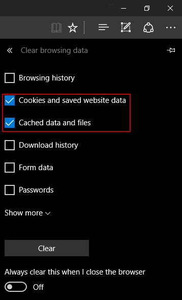 clearing cache and cookies edge