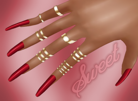 Red Long Nails with gold Rings