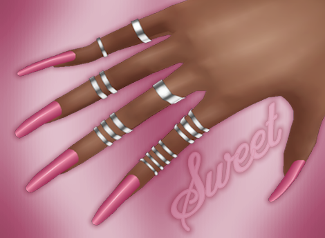 Pink Long Nails with silver Rings