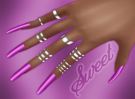 Magenta pink long nails with Silver Rings