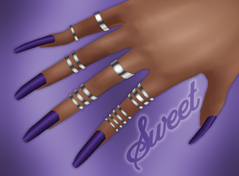 Grape, dark purple long nails with Silver Rings